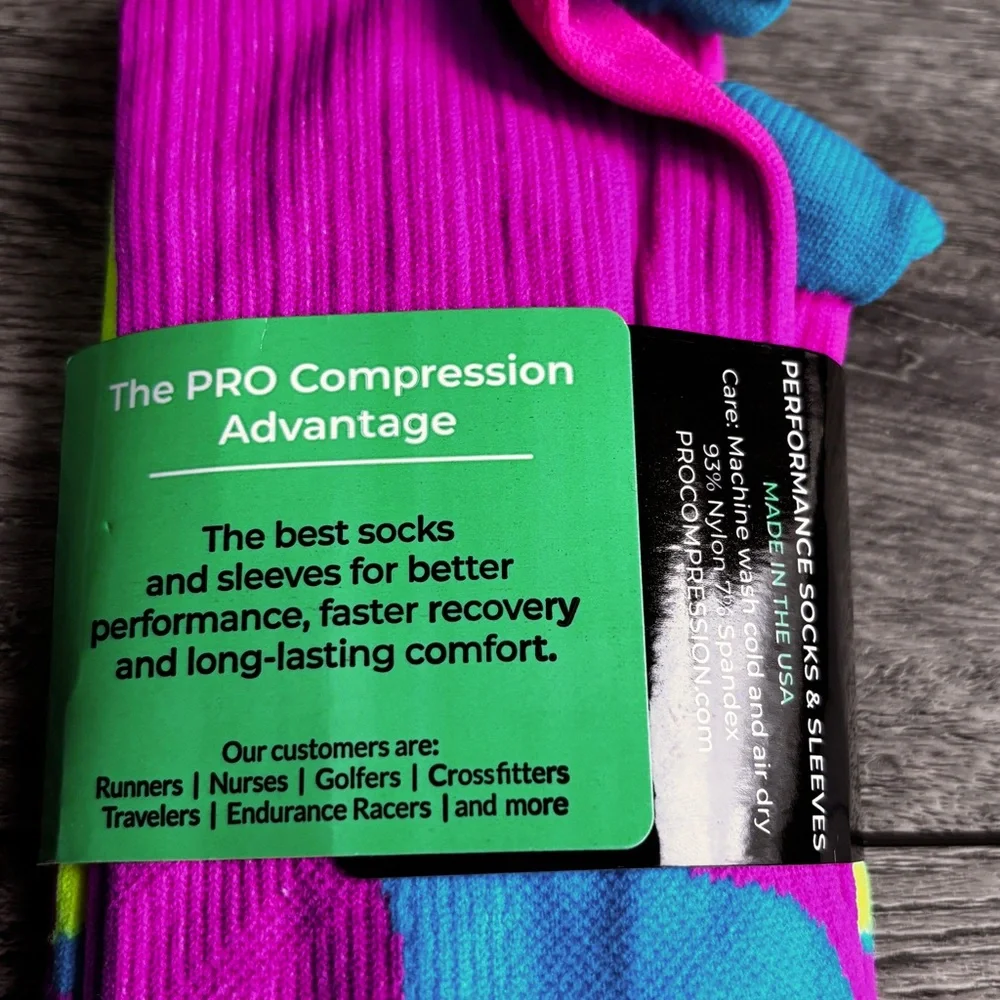 NWT Pro Compression Marathon Knee High Socks Derby Argyle Pink Yellow Blue L/XL
